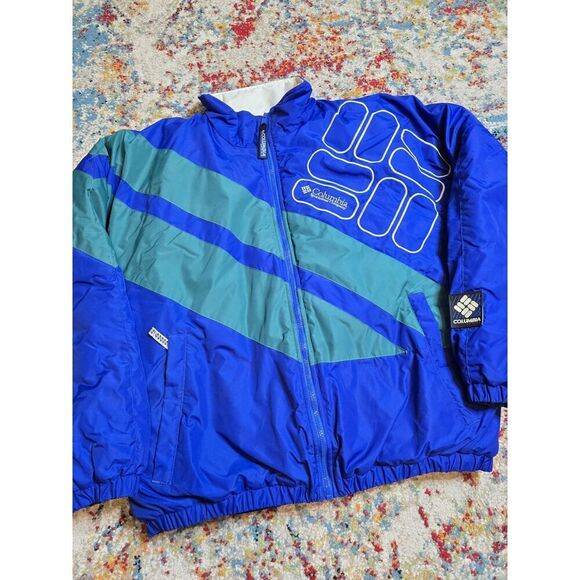 Vintage 90's Columbia Men's Colorblock Puffer Jacket Blue Green Big Logo Size Lg - Picture 1 of 7